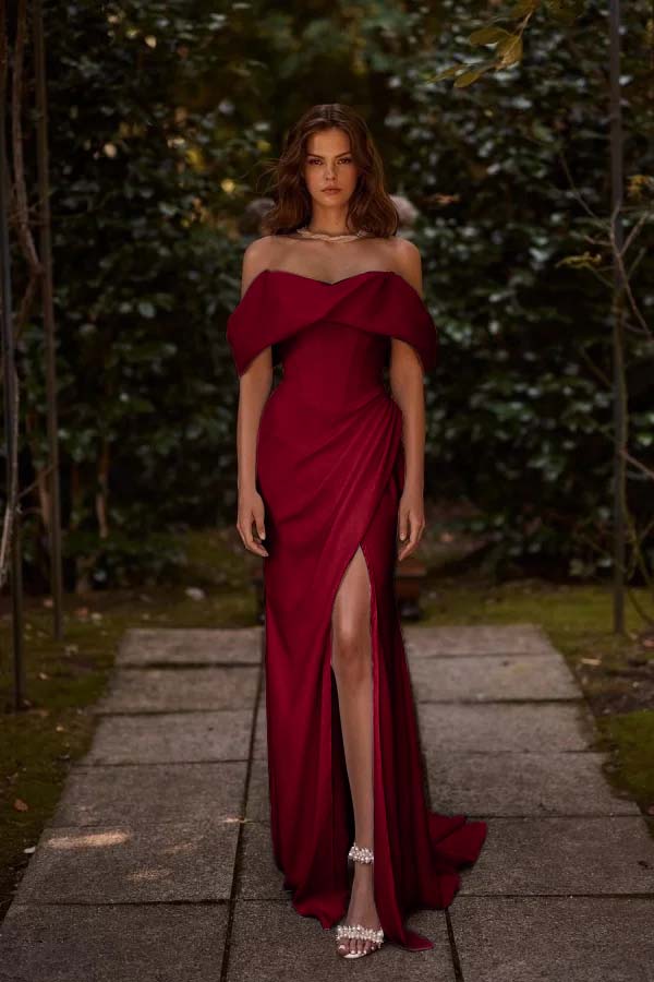 White Off-the-Shoulder Long Prom Dress Split with hand sleeve