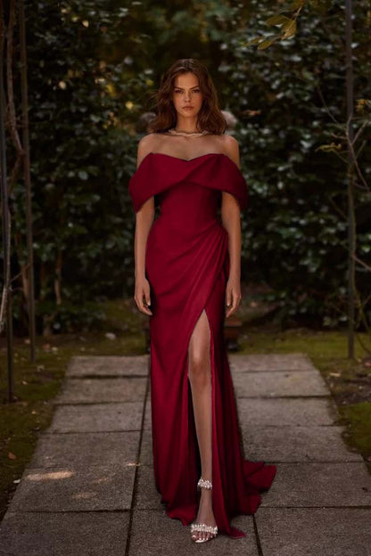 White Off-the-Shoulder Long Prom Dress Split with hand sleeve