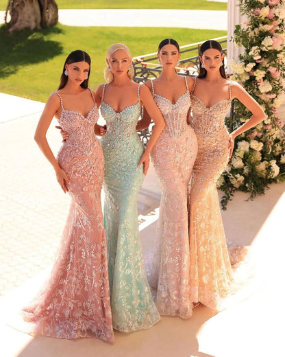 Sleeveless Spaghetti Straps Sweetheart Mermaid Beads Prom Dress