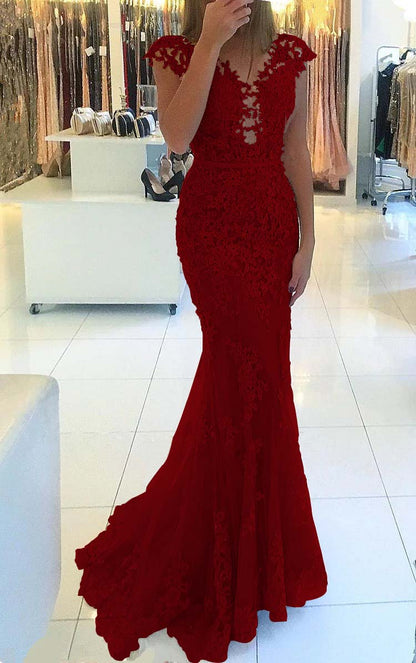 Appliques Mermaid Cap Sleeve Prom Dress