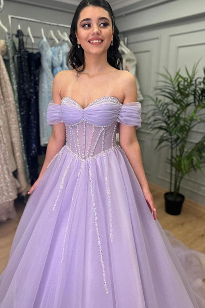 Exquisite Purple Tulle Off the Shoulder Strapless Prom Dress with Rhinestone