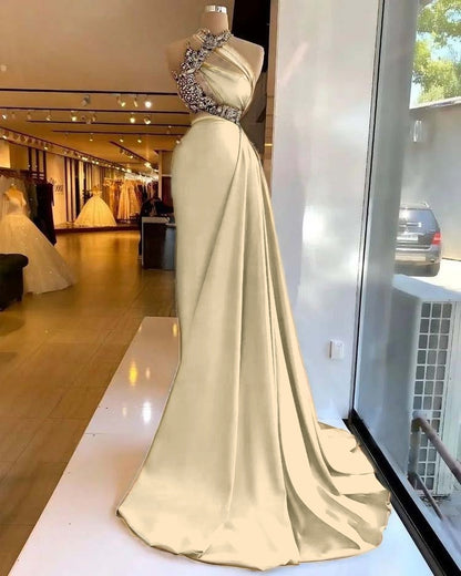 Satin Stunning Beading Sleeveless Long Prom Dress with Ruffle