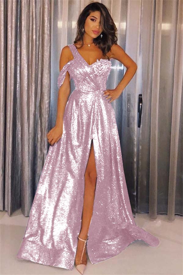 Dark Navy Sequins Glamorous One Shoulder Prom Dress