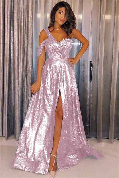 Dark Navy Sequins Glamorous One Shoulder Prom Dress