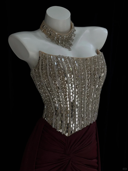 Gentle A Line Strapless Rhinestone Dark Burgundy Satin Long Prom Dress Evening Dress SH5009