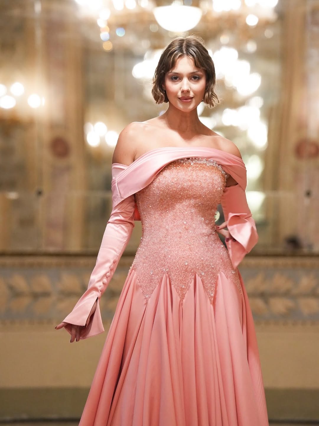 Chic A Line Long Off Shoulder Sleeves Long Prom Dress With Beaded