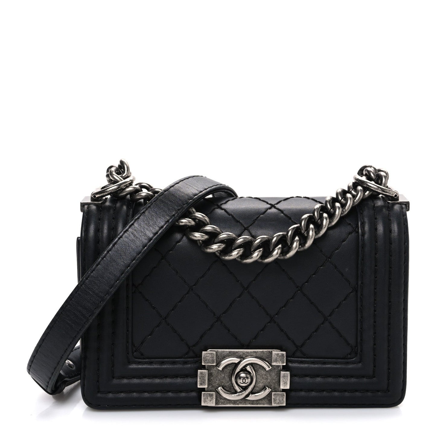 Calfskin Double Stitch Small Boy Flap Black