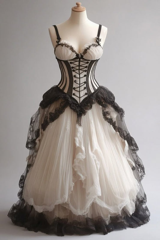 Unique A Line Spaghetti Strap Black Lace White Tulle Long Prom Dress Evening Dress SH2429