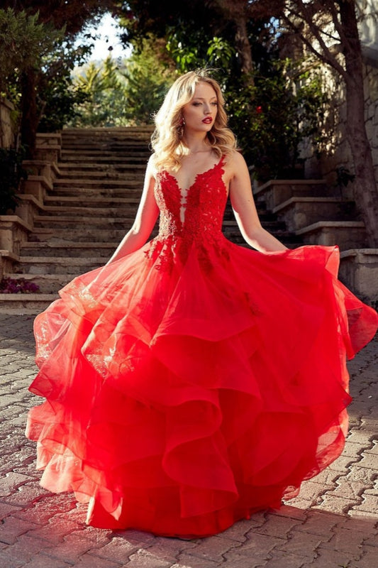 Red V-Neck Tulle Long Prom Dress Sleeveless