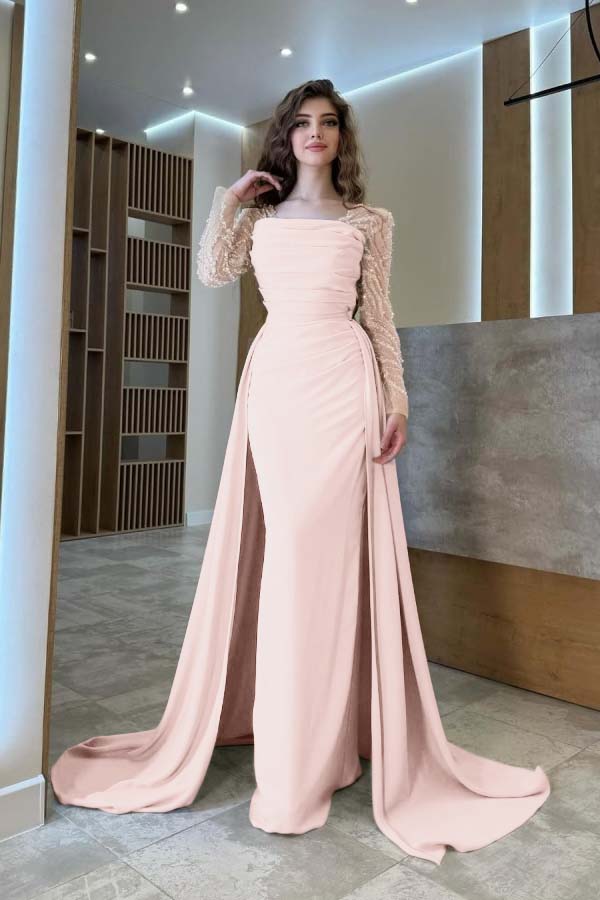 Gentle Beaded Long Sleeves Prom Dress With Detachable Trail