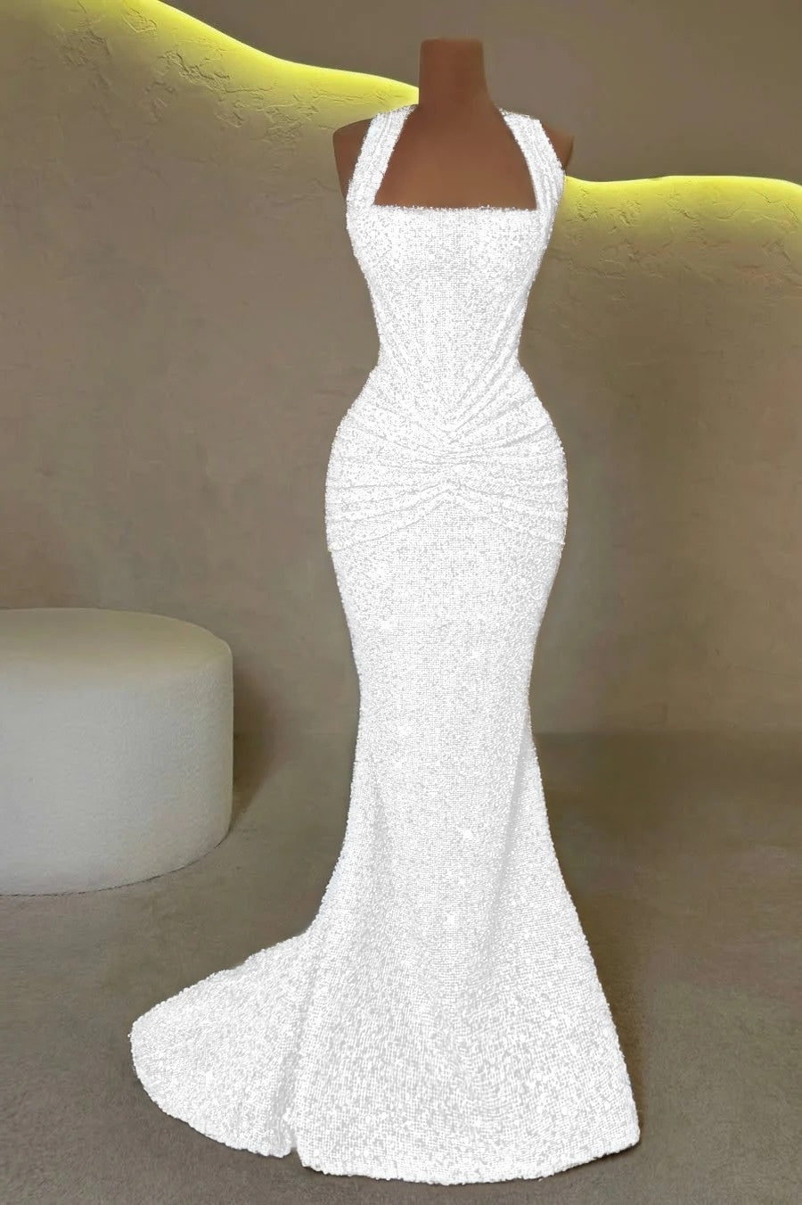 Gold Sleeveless Halter Straps Mermaid Prom Dress With Sequins