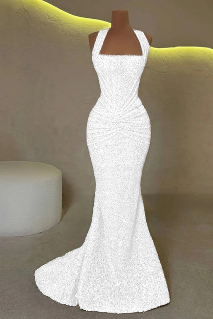 Gold Sleeveless Halter Straps Mermaid Prom Dress With Sequins
