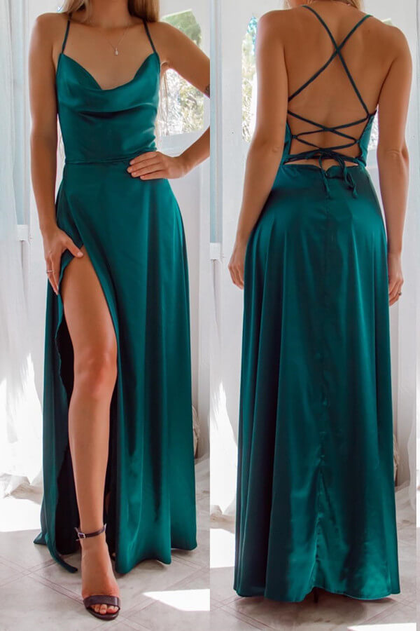 Dark Green Spaghetti-Straps Front Slit Evening Dress Online Strapless