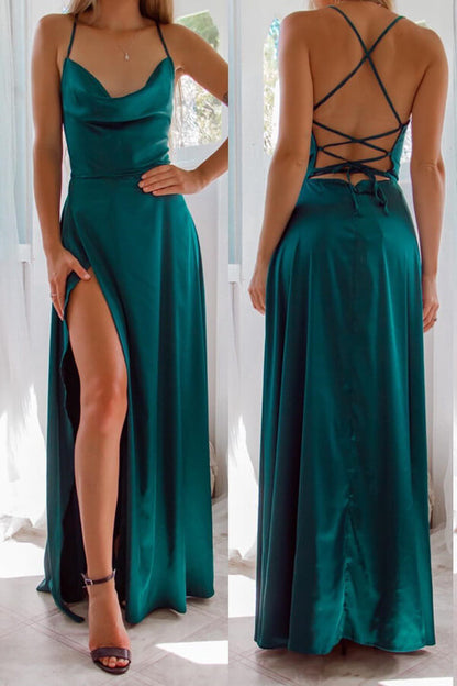 Dark Green Spaghetti-Straps Front Slit Evening Dress Online Strapless