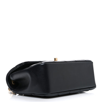 Shiny Lambskin Quilted Pearl Twist Mini Square Flap Black