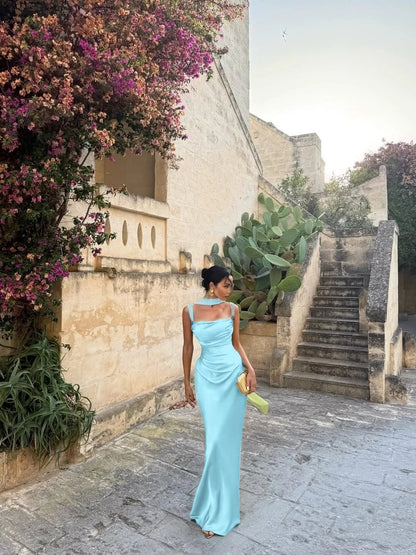 Elegant Green Square Pleated Sleeveless Evening Dress With Scarf