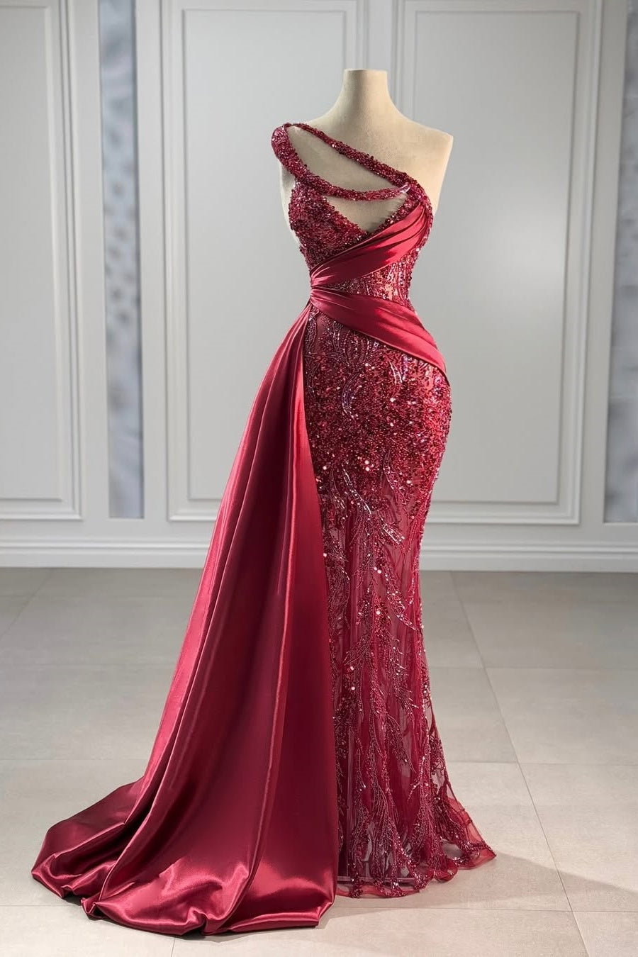 Simple Sleeveless One-Shoulder Sequins Beads Mermaid Prom Dress