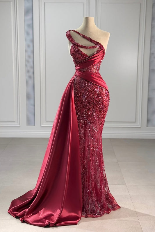 Simple Sleeveless One-Shoulder Sequins Beads Mermaid Prom Dress
