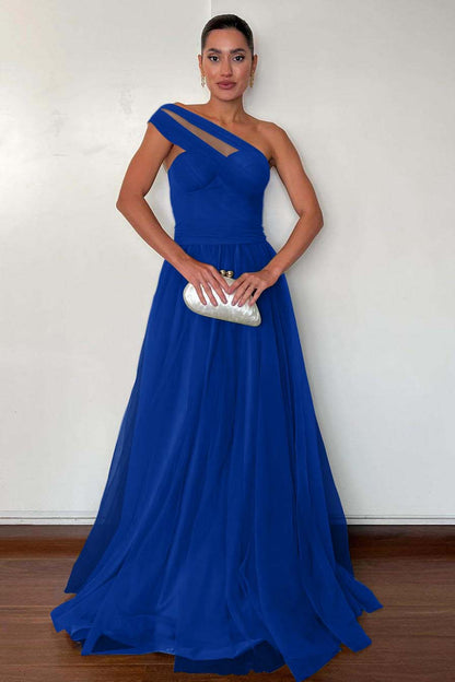 Stunning Green Tulle One Shoulder Sleeveless Long Prom Dress with Pleated