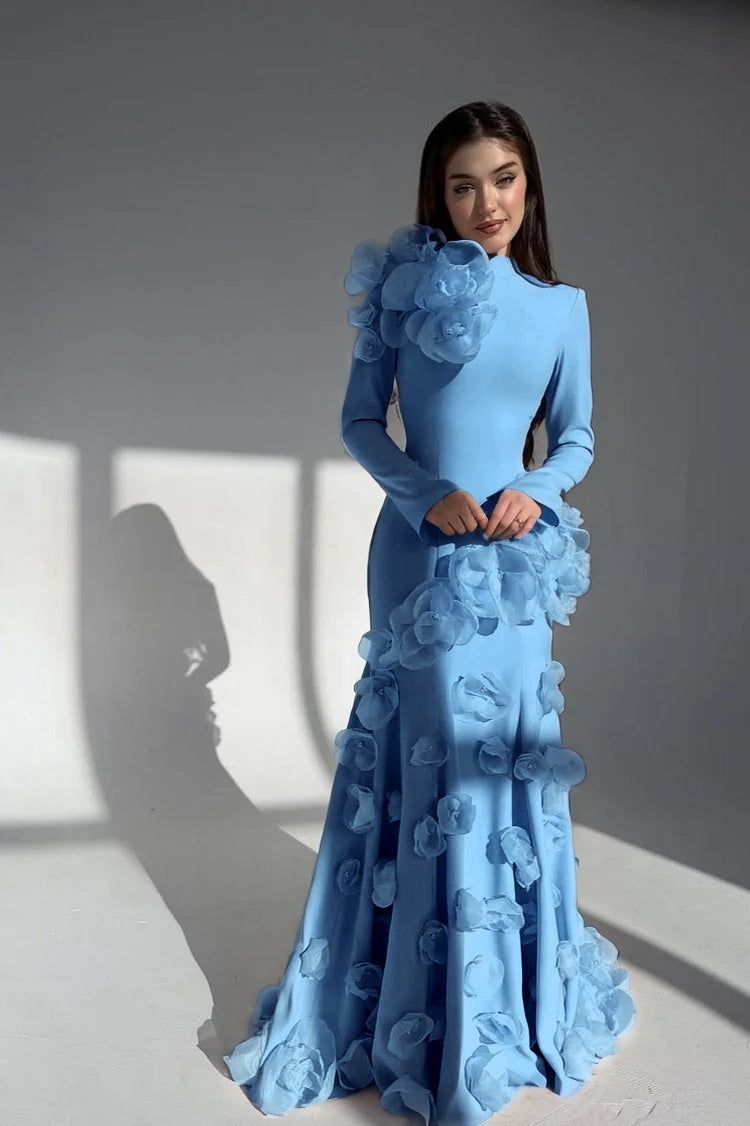 Elegant Long Sleeves Long Evening Dress With Handmade Flower
