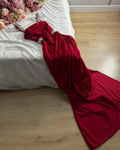 Red Sleeveless Spaghetti Straps Mermaid Beads Prom Dress