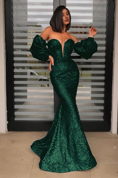 Detachable Sleeves Black Sweetheart Sequins Prom Dress Mermaid