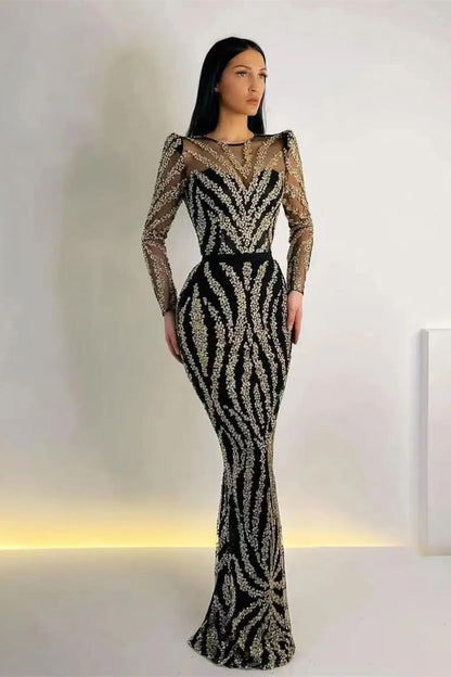 Black Mermaid Appliques Prom Dress With Detachable Ruffles Long Sleeves