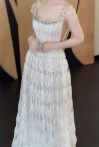 Gentle White A Line Straps Rhinestone Tulle Prom Dress Evening Dress 16th Birthday Dress SH4050