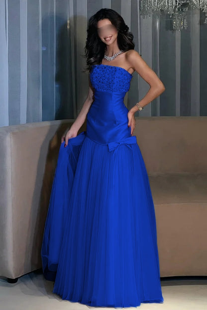 Charming Candy Pink Satin Tulle Sleeveless Strapless Long Evening Dress with Beadings