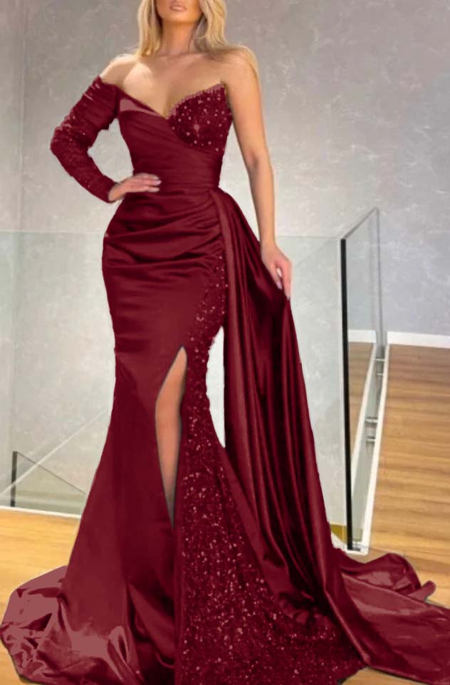 One Shoulder Long Sleeve Split Black Mermaid Prom Dress With Sequins