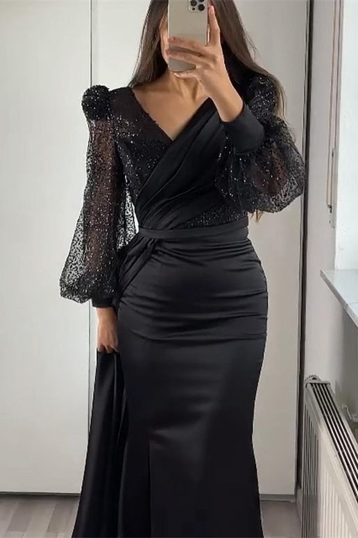 V-Neck Long Sleeves Sequins Mermaid Split Evening Dress With Ruffle