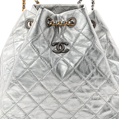 Metallic Crumpled Calfskin Quilted Small Gabrielle Backpack Silver