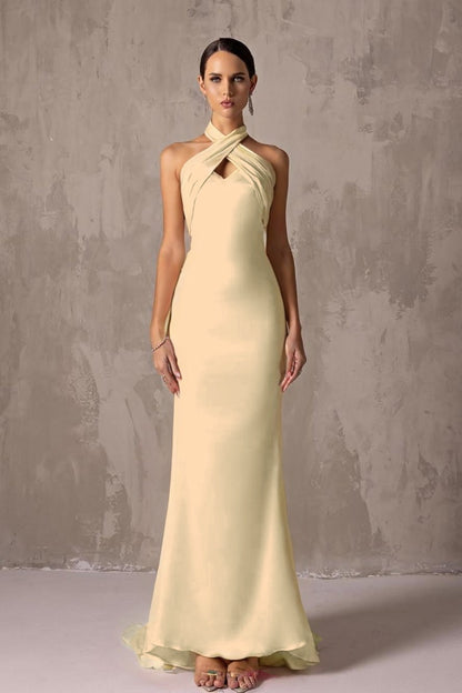 Elegant Blushing Pink Satin Halter Sleeveless Long Prom Dress with Pleated