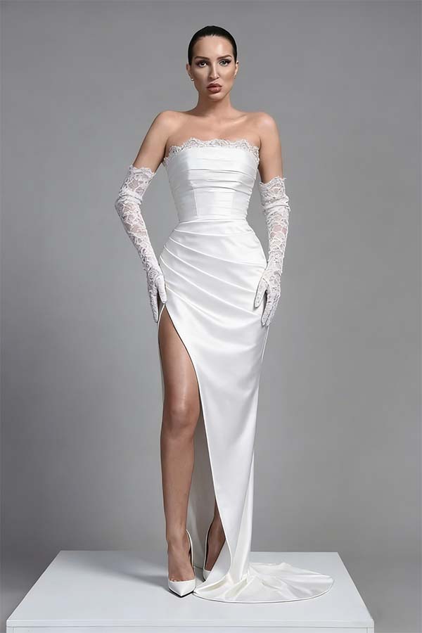 Black Sleeveless Long Split Pleated Evening Dress With Long Gloves