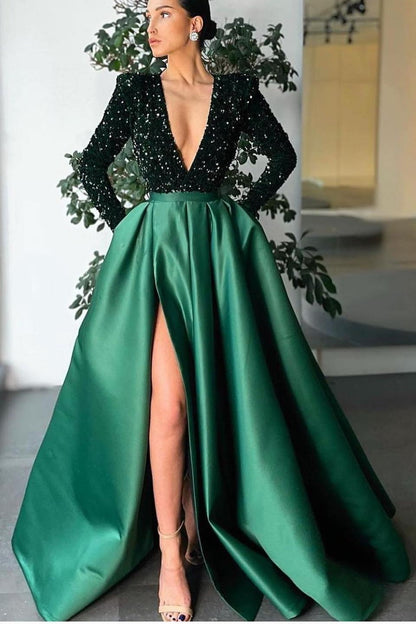 Deep V-Neck Long Sleeves Mermaid Prom Dress Split With Sequins