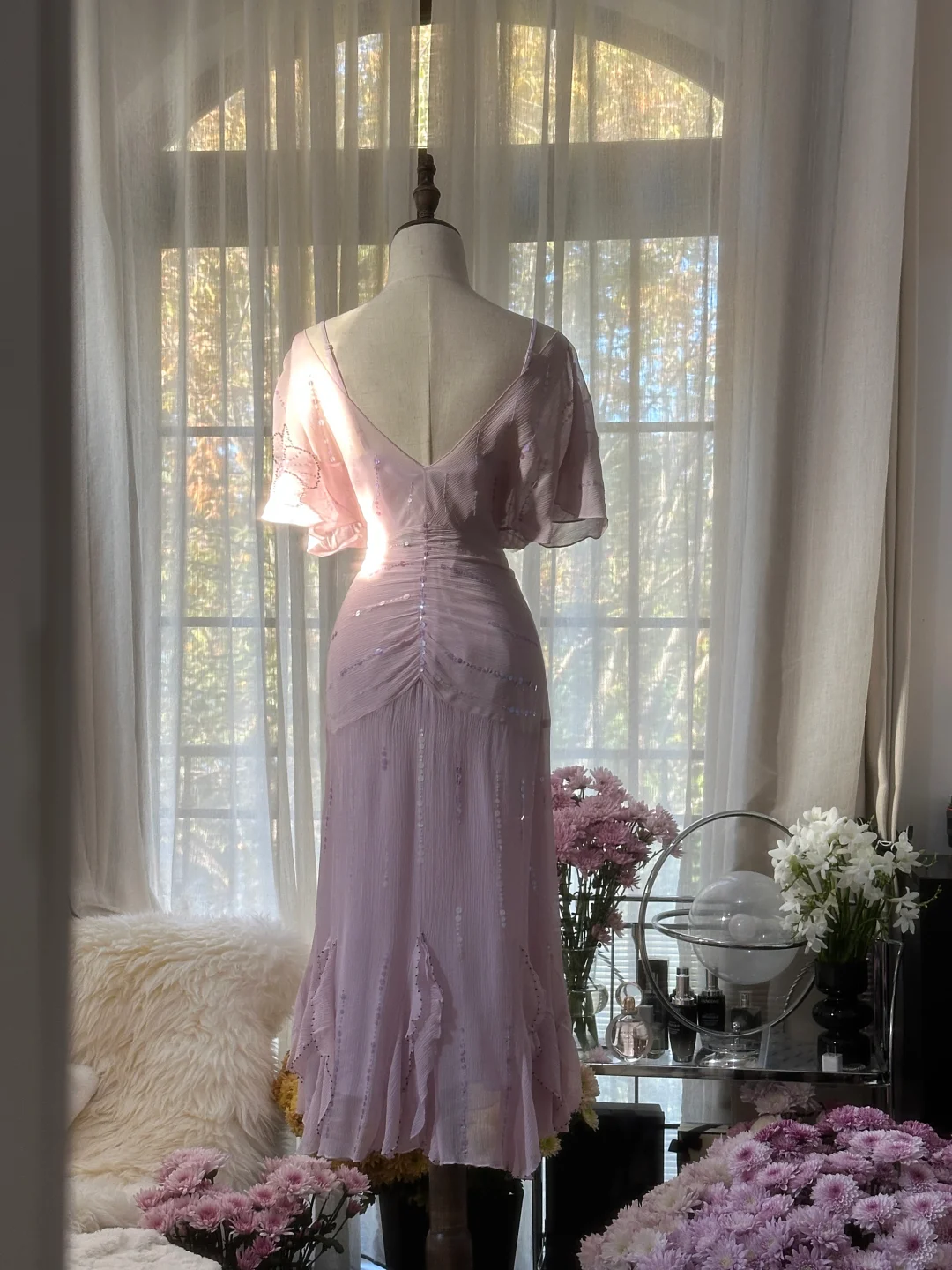 Gentle A Line V Neck Sequin Chiffon Party Dress Wedding Guest Dress SH2963