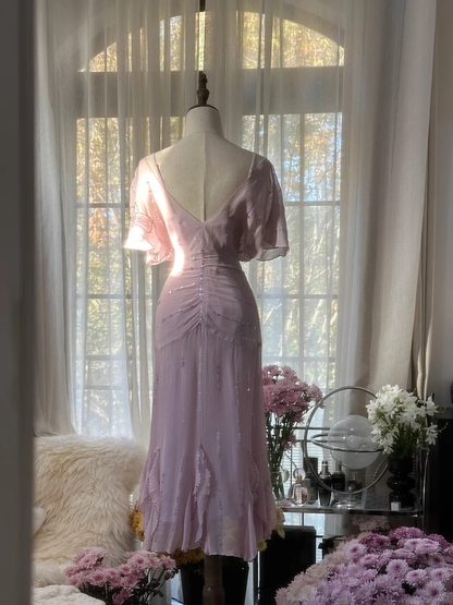 Gentle A Line V Neck Sequin Chiffon Party Dress Wedding Guest Dress SH2963
