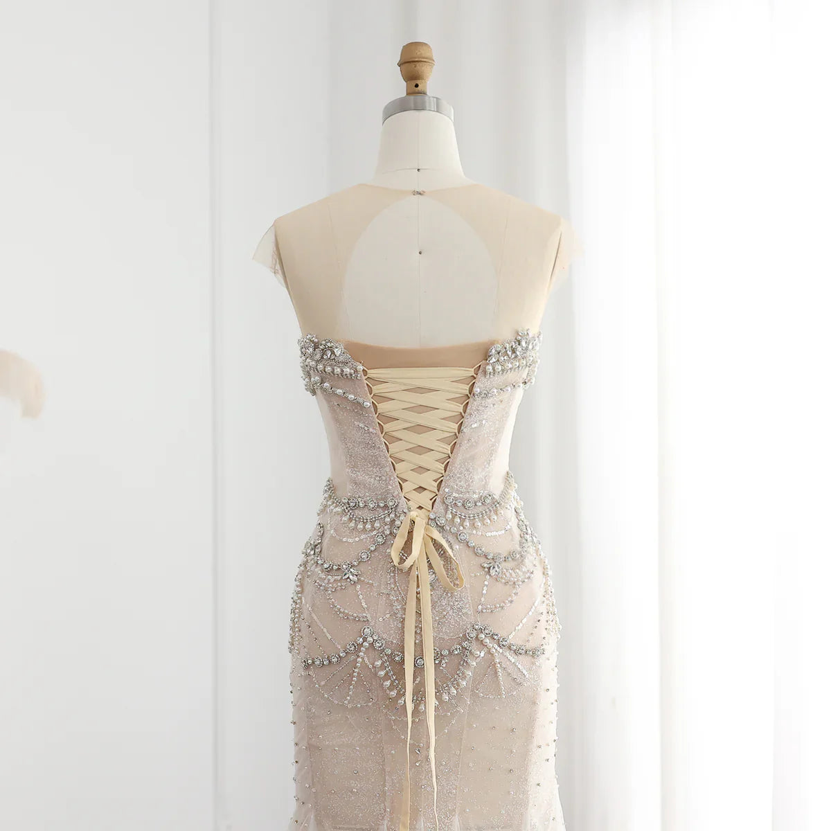 Luxury Mermaid Crystal Pearls Nude Tulle Long Prom Dress  SH1605