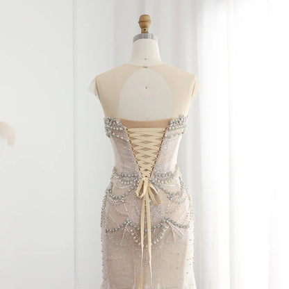 Luxury Mermaid Crystal Pearls Nude Tulle Long Prom Dress  SH1605