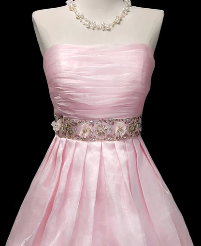 Cute Strapless Tulle Beaded Pink A Line Short Prom Dress Homecoming Dress S919