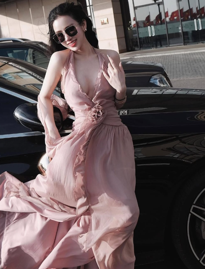 Simple White A Line V Neck Chiffon Open Back Long Prom Dress Date Dress SH4677