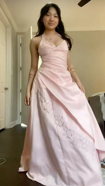 Classy Halter Pink Satin Mermaid Long Birthday Party Dress Evening Gown D1538