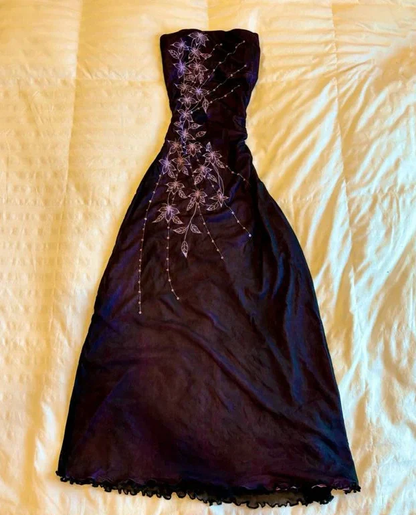 Vintage Strapless Purple Chiffon Satin Beaded Long Birthday Prom Dress Evening Gown D1599