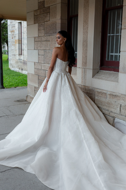 White Ball Gown Strapless Beaded Sequin Tulle Long Sweep Prom Dress Wedding Dress SH4772