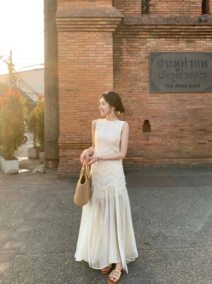 Simple A Line Round Neck Light Apricot Lace Chiffon Party Dress Outfits SH4259