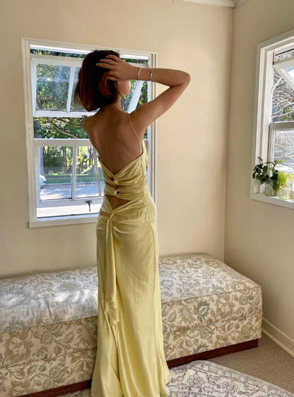 Simple A Line Spaghetti Strap Yellow Satin Open Back Prom Dress Graduation Prom Dress SH2580