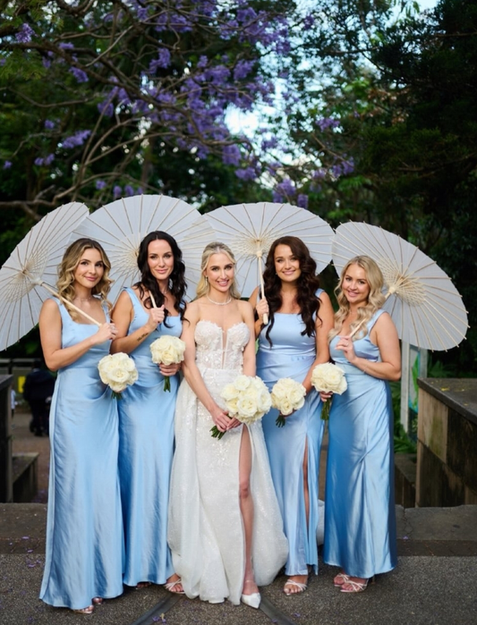 Gentle Sheath Strap Blue Satin Long Bridesmaid Dress Evening Dress with Slit SH2835