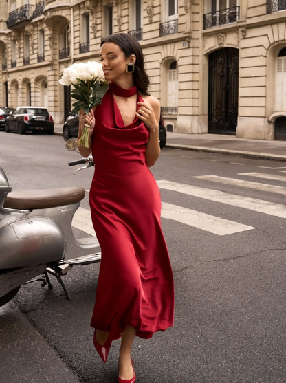 Sexy Burgundy A Line Halter Pearl Satin Open Back Prom Dress Party Dress Formal Dress SH4001