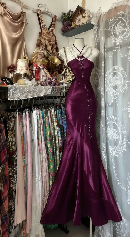 Sexy Royal Blue Satin Beaded Mermaid Long Wedding Guest Dress Formal Evening Dress Party Gown D1878