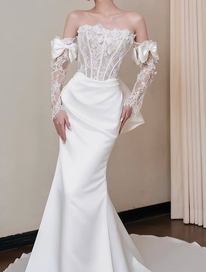 Pretty Mermaid Strapless Bow White Lace Satin Long Sweep Prom Dress Wedding Dress SH4646